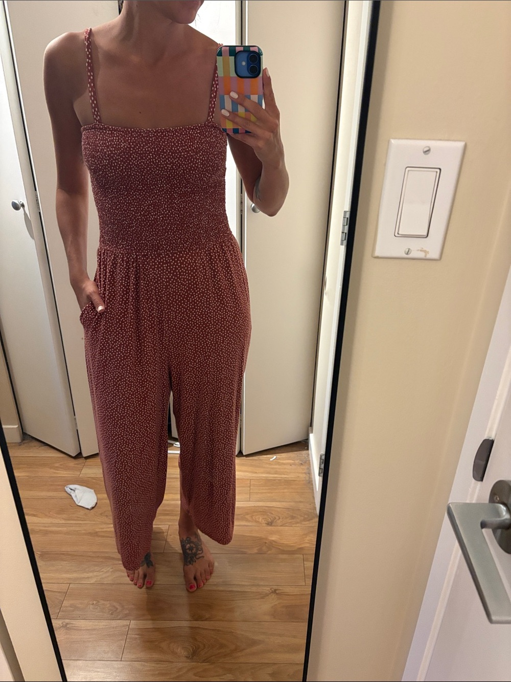 Old Navy Rust Red Polka Dot Smocked Tank Jumpsuit